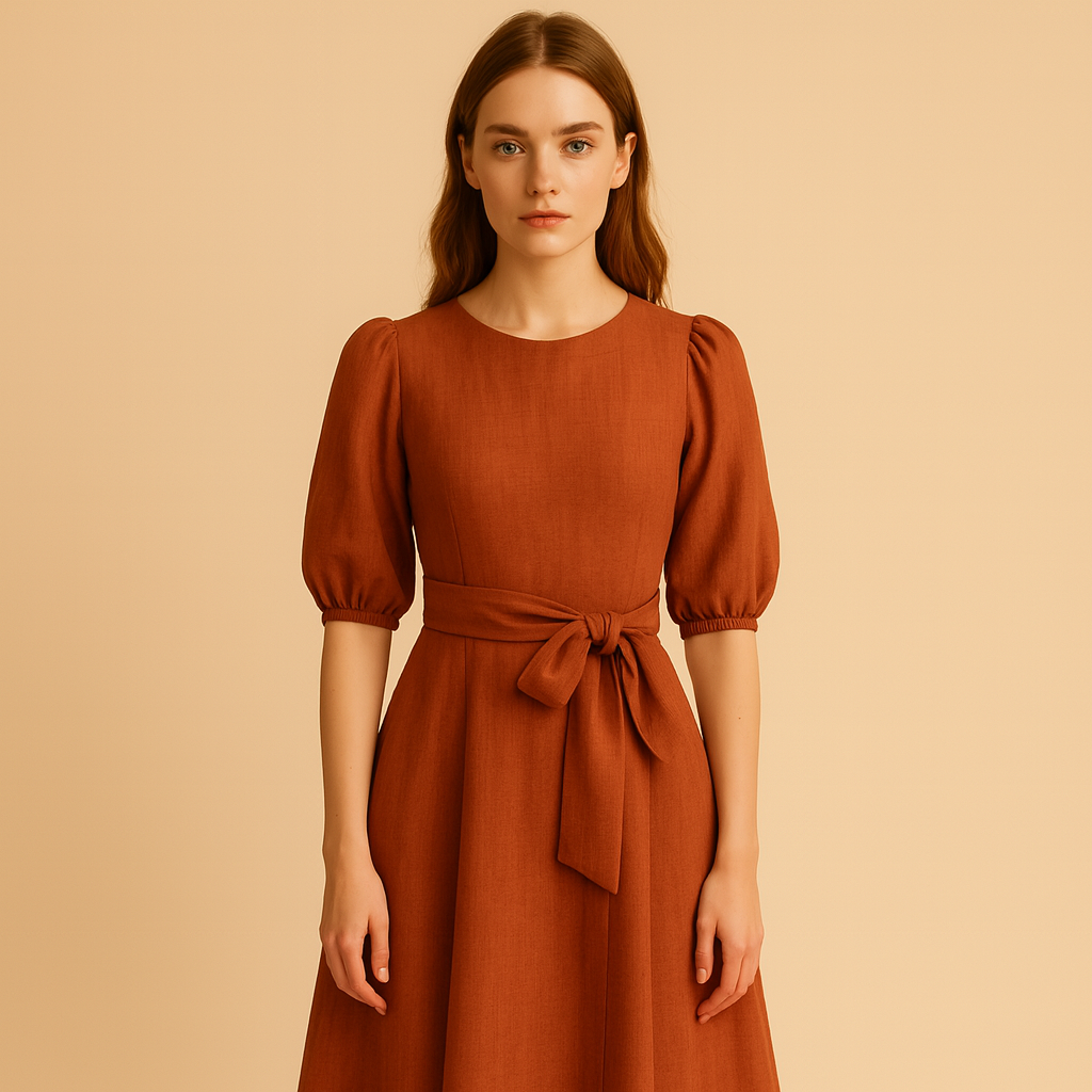 Eiramode | Women – Puff Sleeve Midi Dress – Waist Tie – Modern Grace