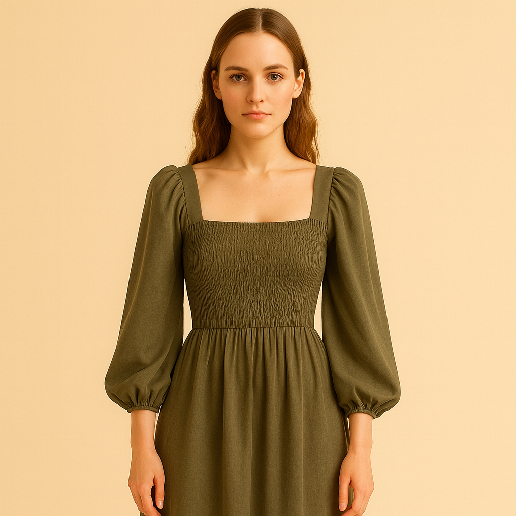 Eiramode | Women – Square Neck Long Sleeve Dress – Romantic Fit